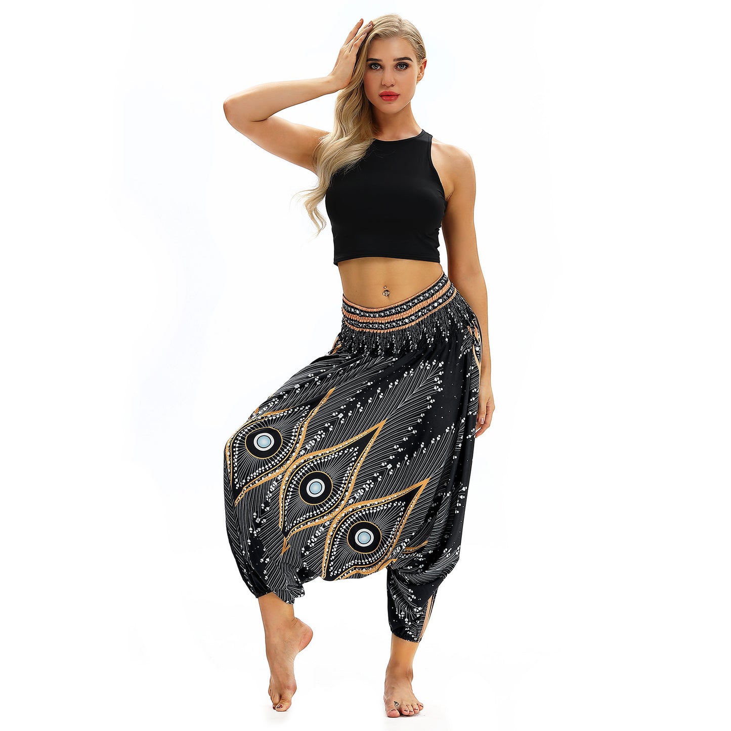 Peacock Feather Print, Ethnic Dance, Yoga Loose Crotch Ankle Banded Pants