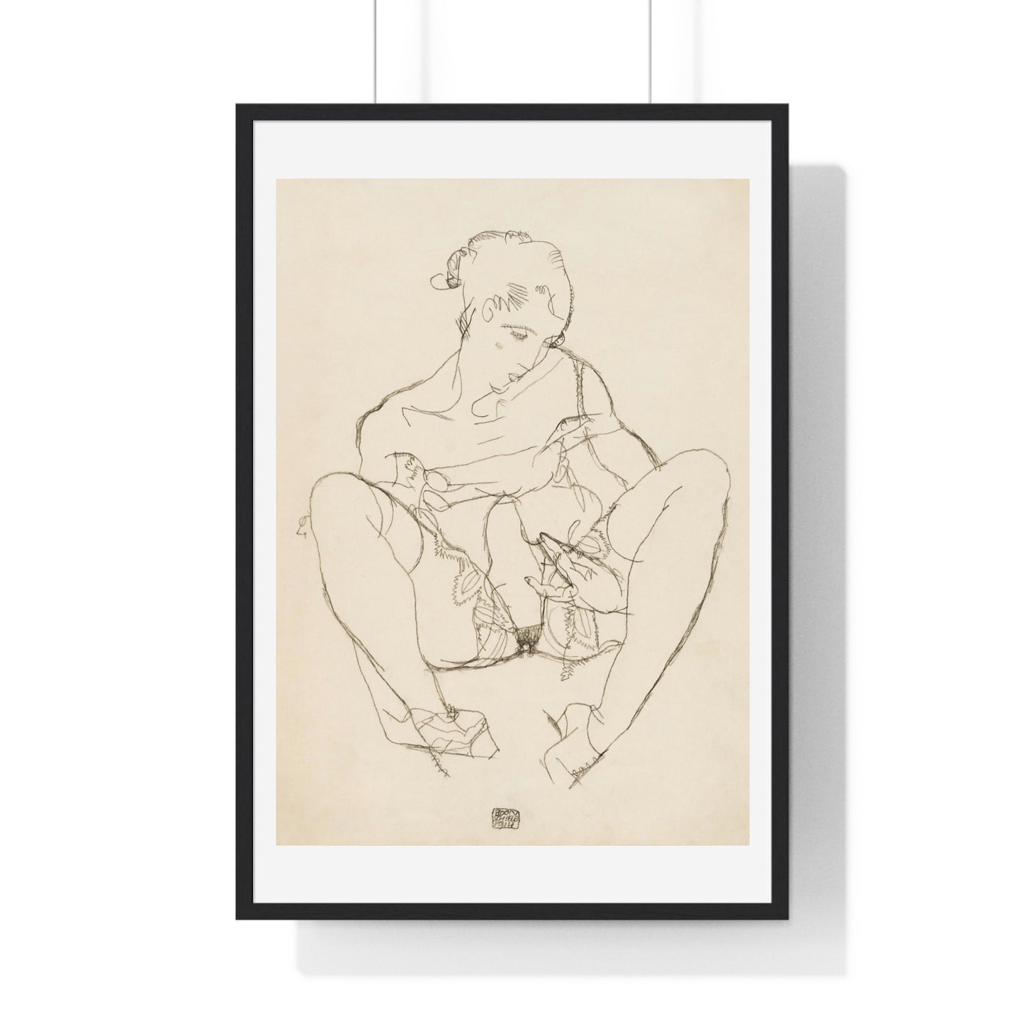 Seated Woman in Chemise (1914) Line Art Drawing by Egon Schiele, from the Original, Framed Print