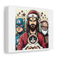 Jesus as a Superhero with a Cat on his Lap II, Cartoon Art Print 'Designed by AI' on Canvas