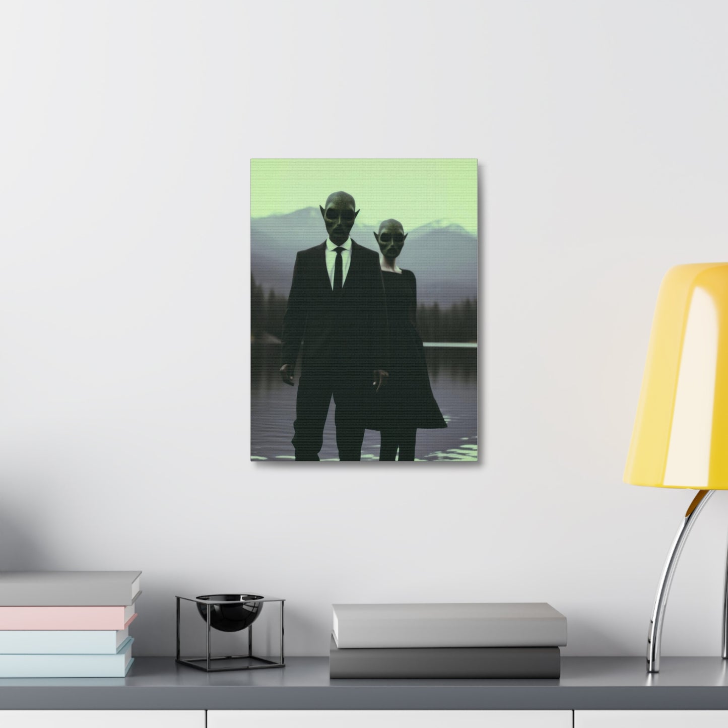 Couple Wearing Alien Mask, Sunglasses Photorealism in Silhouette 'Designed by AI' Art Print on Canvas