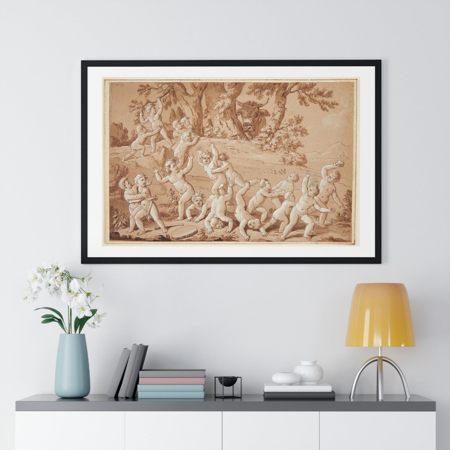 Putti Flees from a Bull, by Conrad Martin Metz, from the Original, Framed Art Print