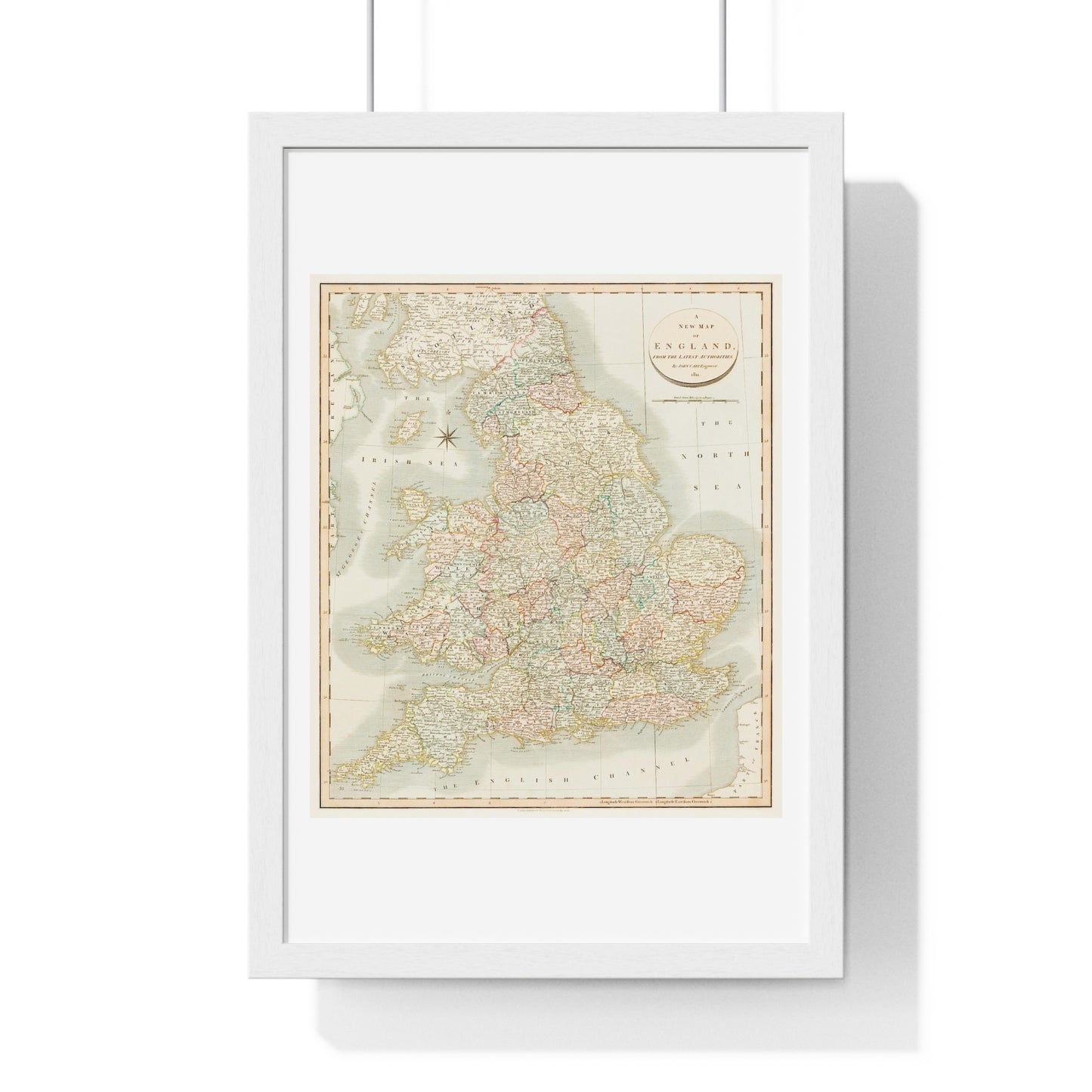 Antique Map: A New Map of England (1811) by John Cary from the Original, Framed Art Print