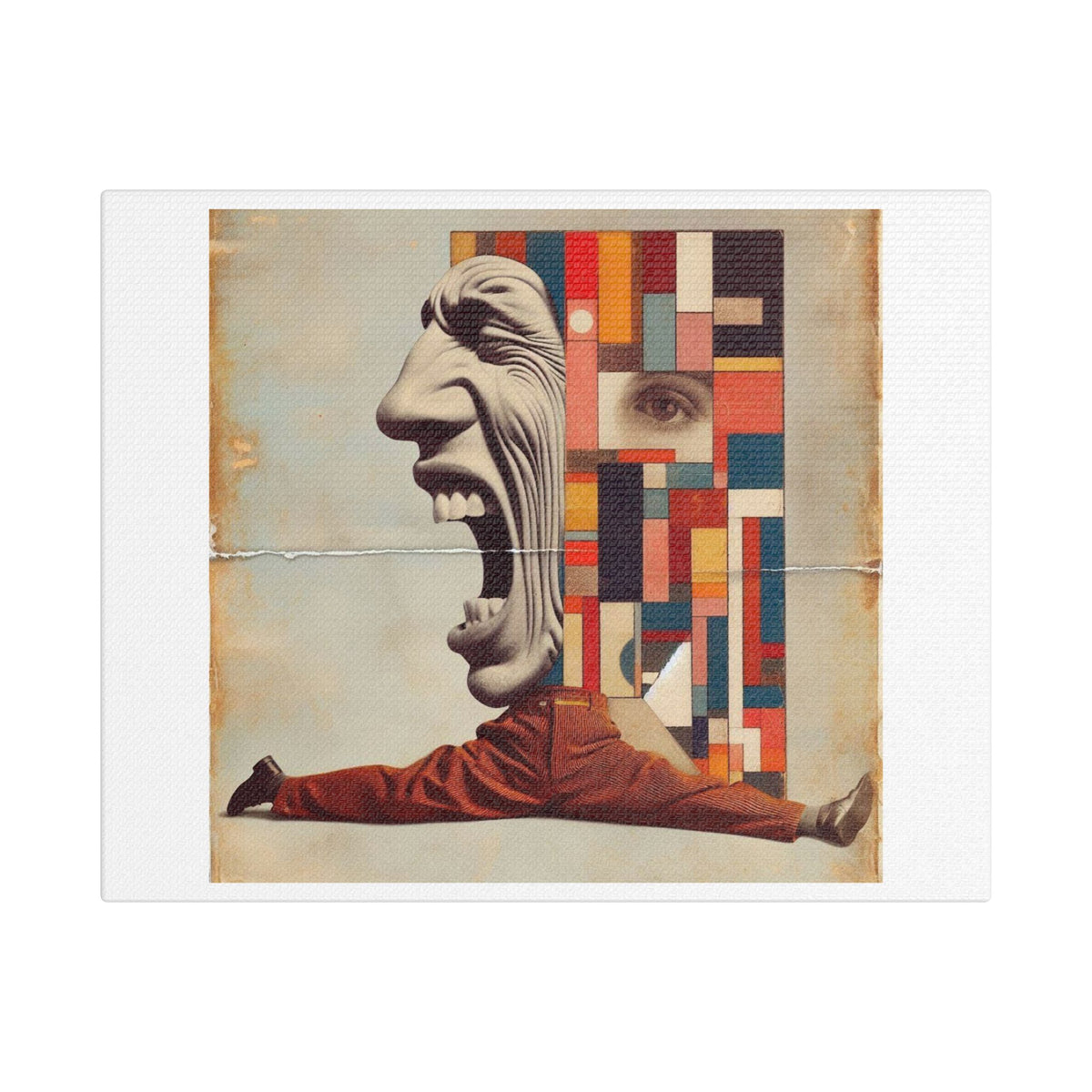 Stretched Canvas Wall Art: Surreal Geometric Face and Acrobat Collage