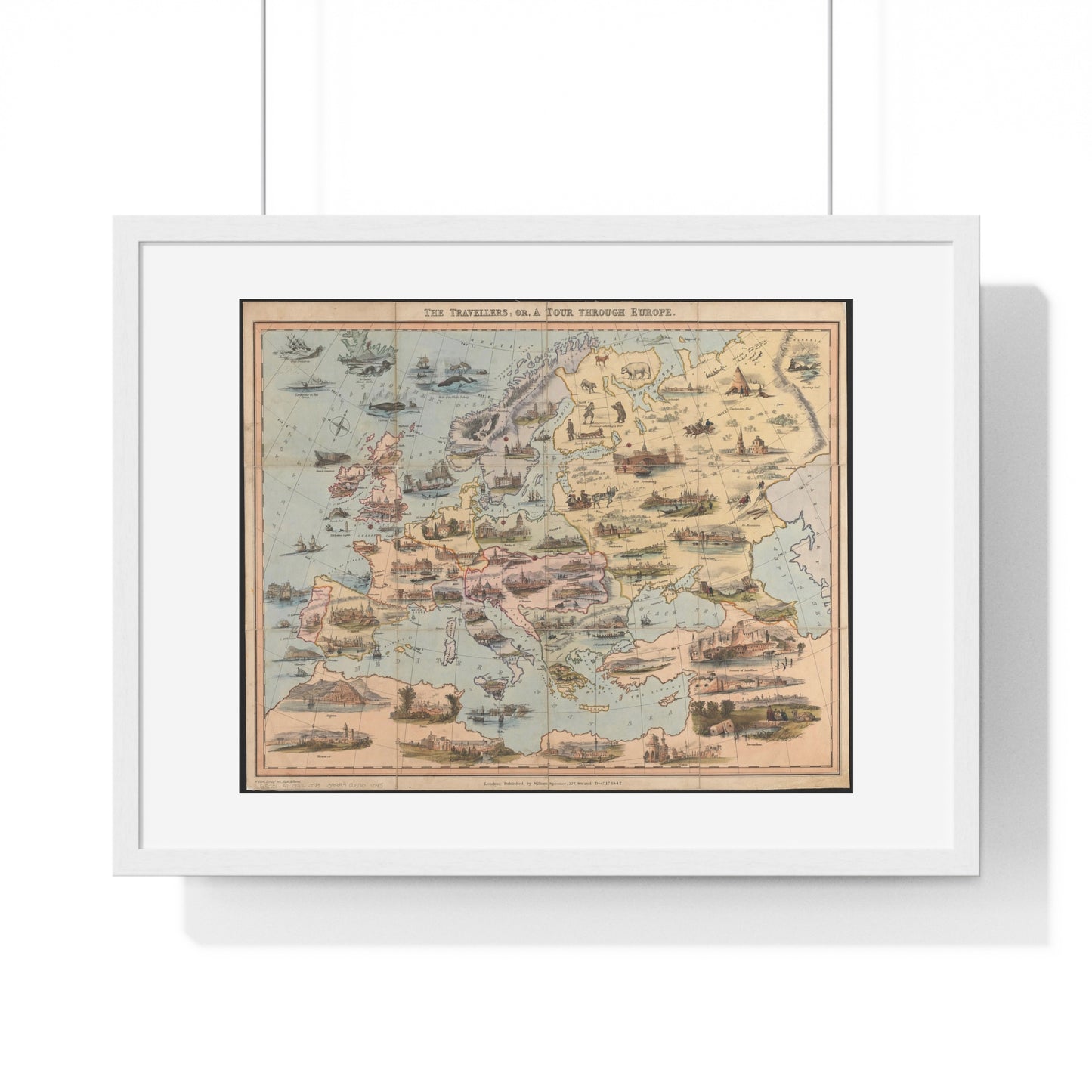 Map of the World 'The Travellers or a Tour Through Europe' (1842) by William Spooner, from the Original, Framed Art Print