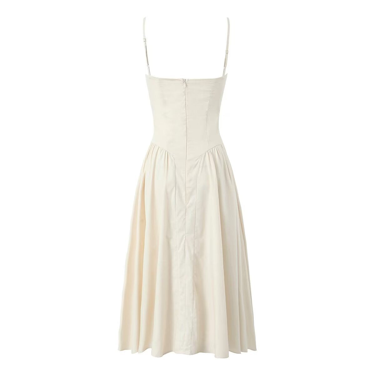 Vireous Ivory Square-Neck Steel Ring Bodice Fitted-Waist Pleated Dress