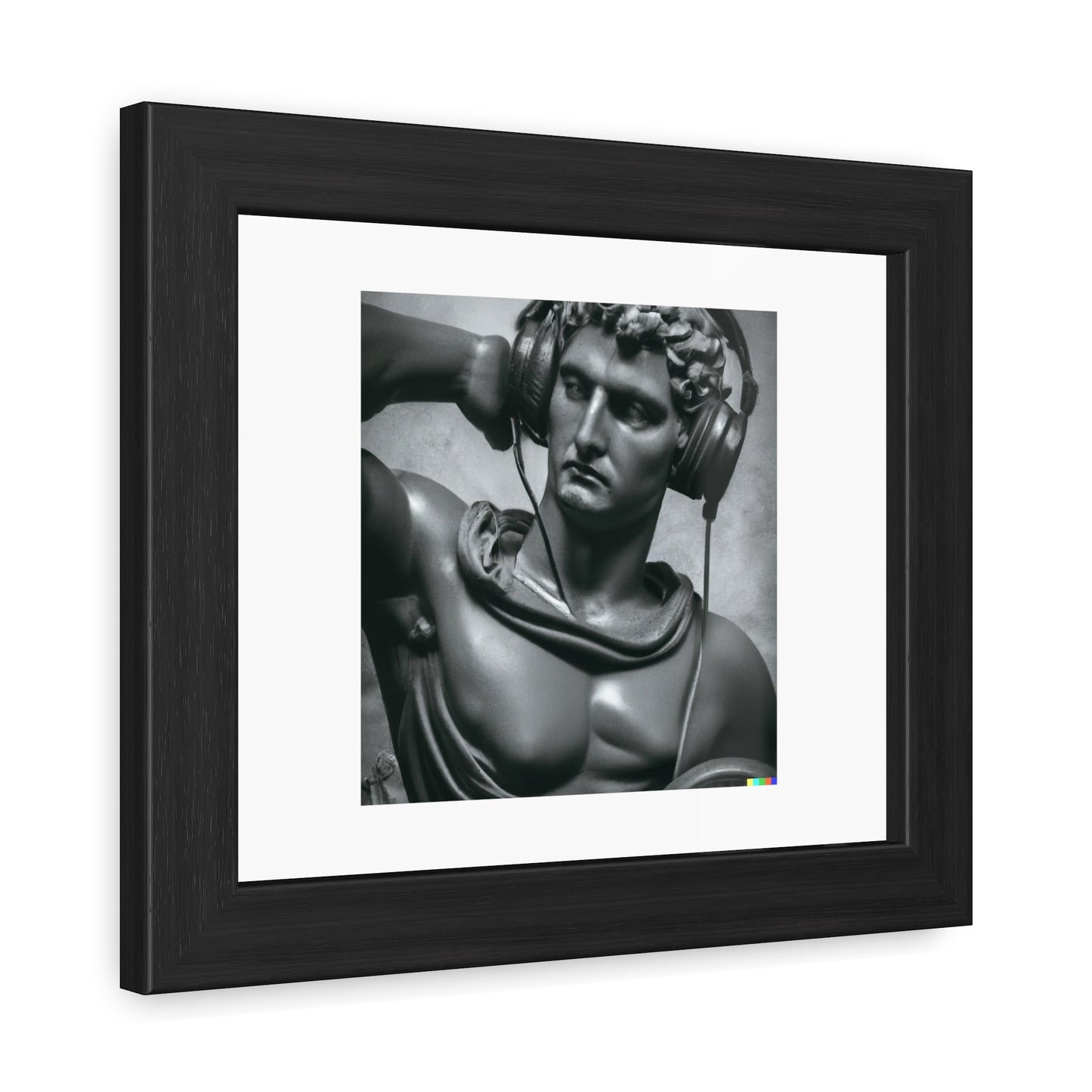 Michelangelo's Sculpture Of David Wearing Headphones Digital Art 'Designed by AI' Wooden Framed Print