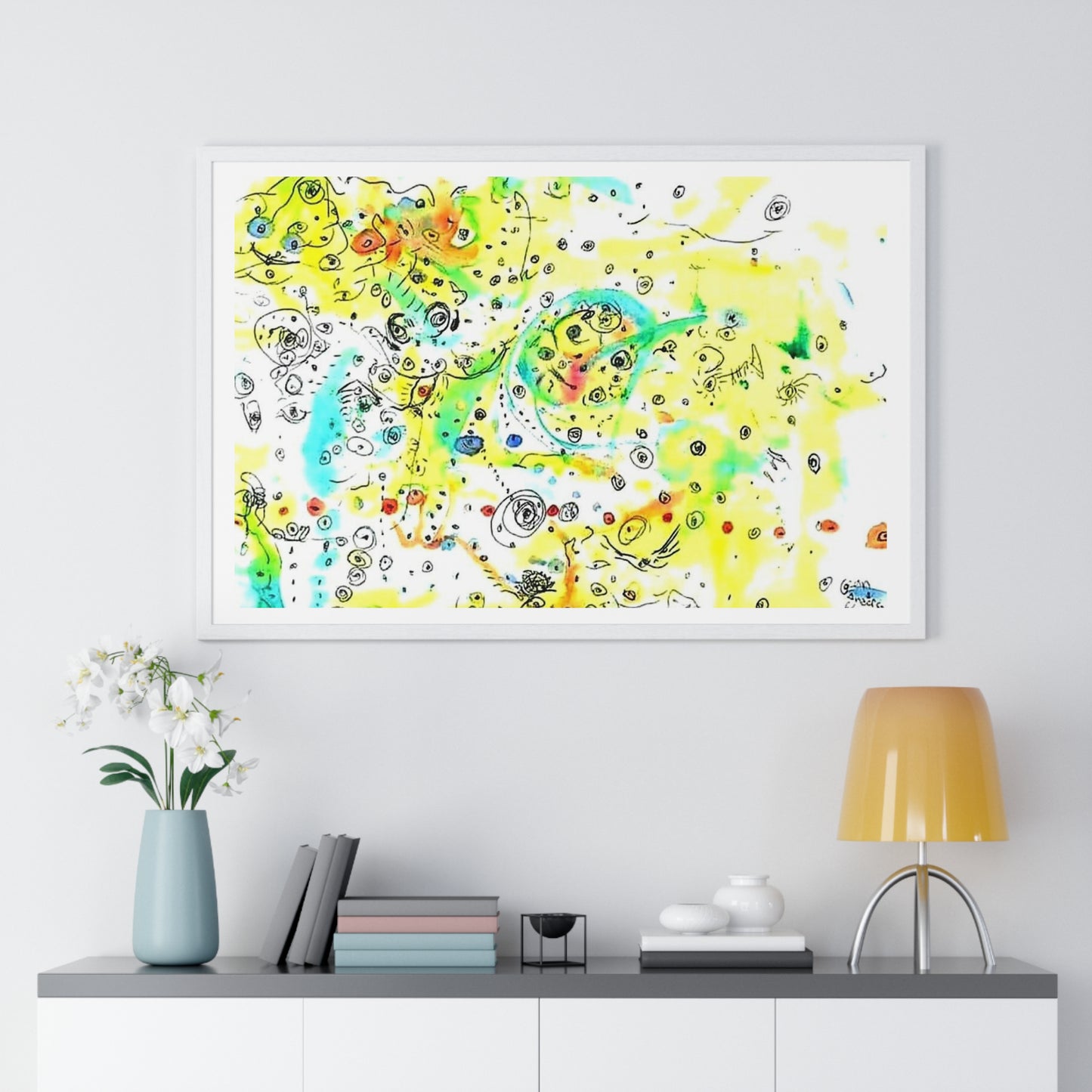 Yellow Scatter Pattern, Abstract Large Wall Art, Framed Print