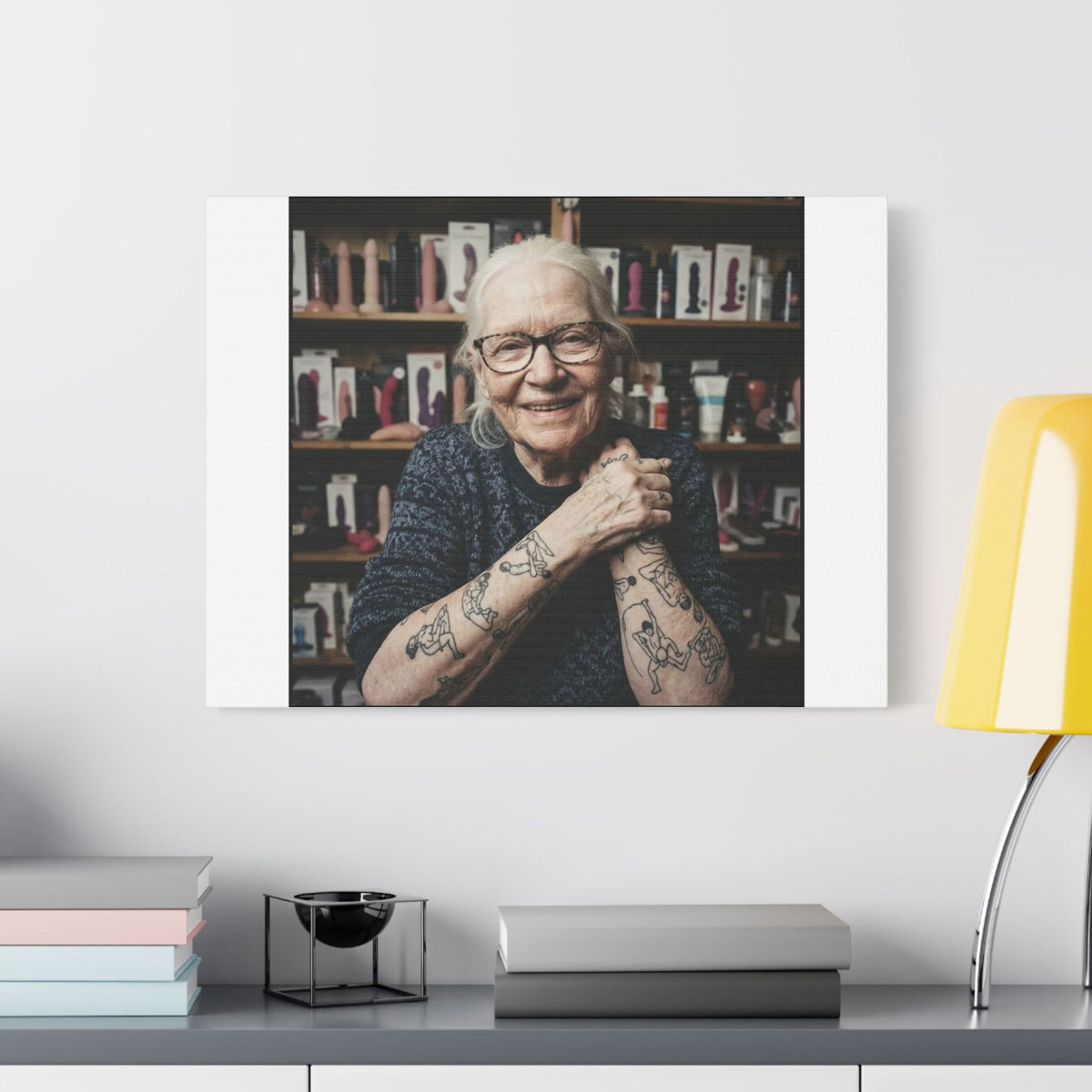 Tattooed Old Woman, Whimsical Canvas Wall Art