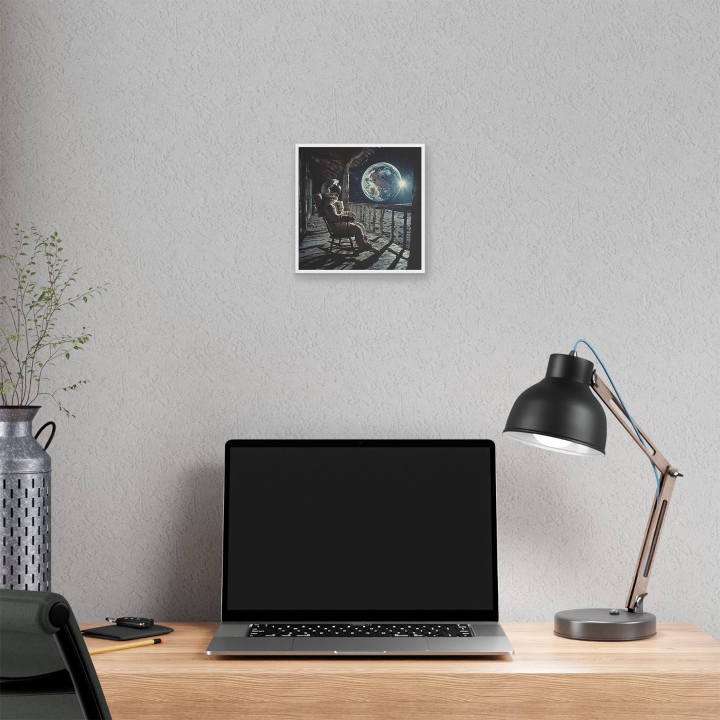 Astronaut on the Moon Sitting in a Rocking Chair on the Porch of a Farmhouse, Photorealism 'Designed by AI' Canvas Art Print
