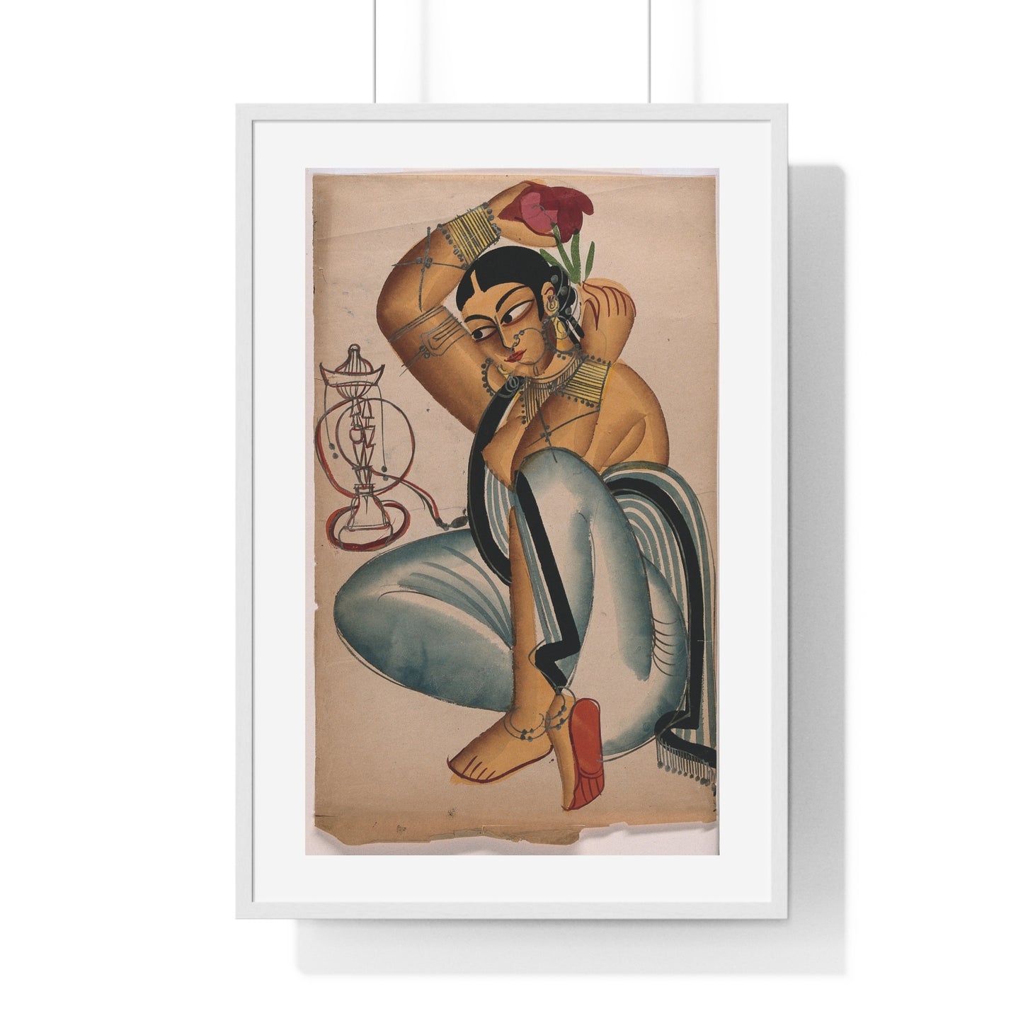 Courtesan Arranging a Flower in her Hair, Indian Artist, 1800s, from the Original, Framed Art Print