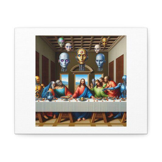 Jesus, Aliens, NPCs and Robots Depicted in the Last Supper II, Art Print 'Designed by AI' on Canvas