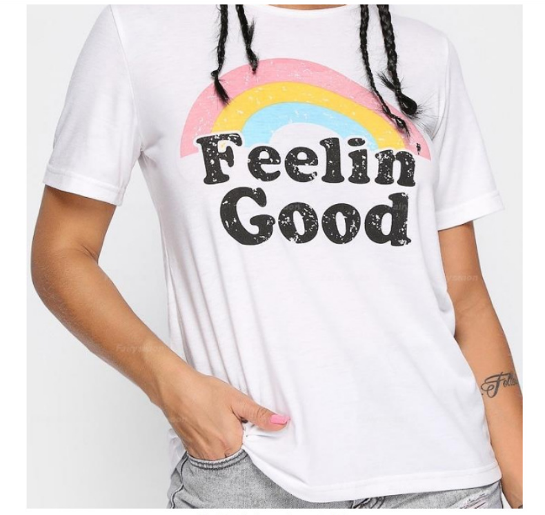 Feelin' Good  White T-Shirt, Rainbow Print