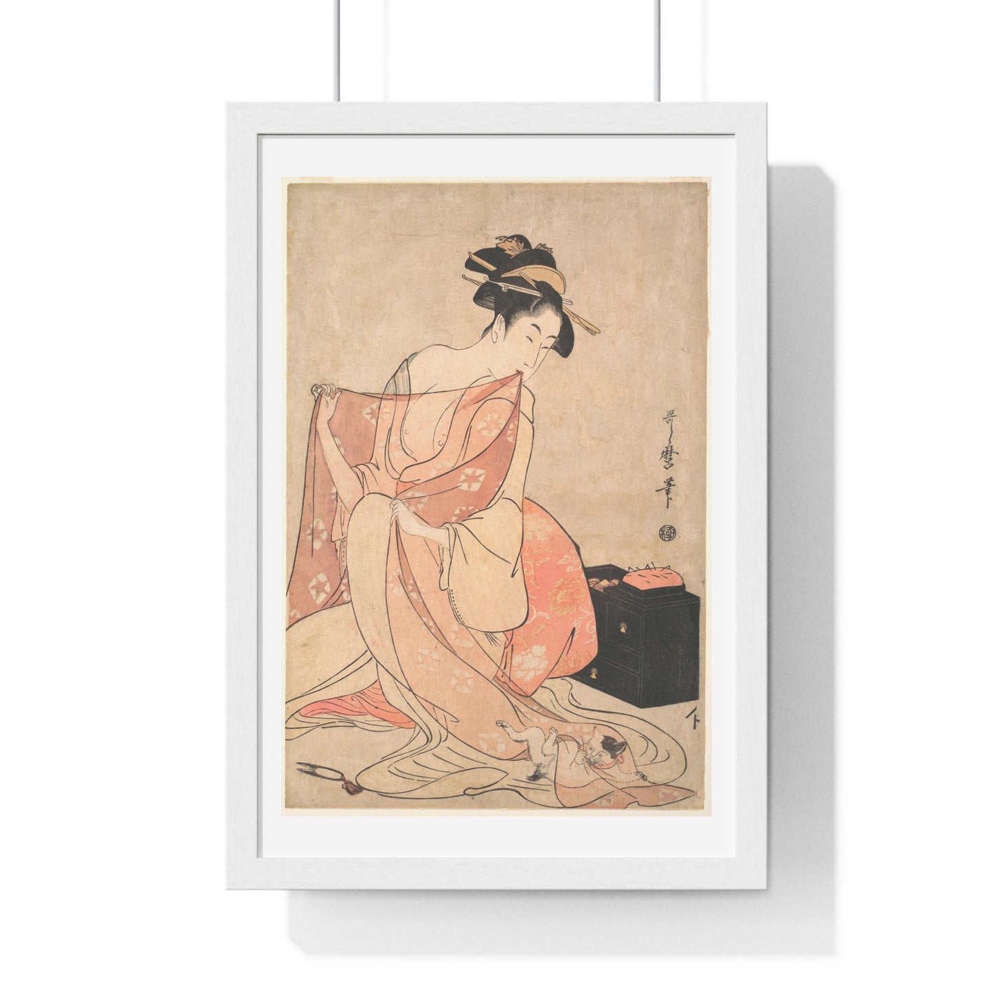 A Woman and a Cat (1793-1794) by Kitagawa Utamaro, from the Original, Framed Art Print