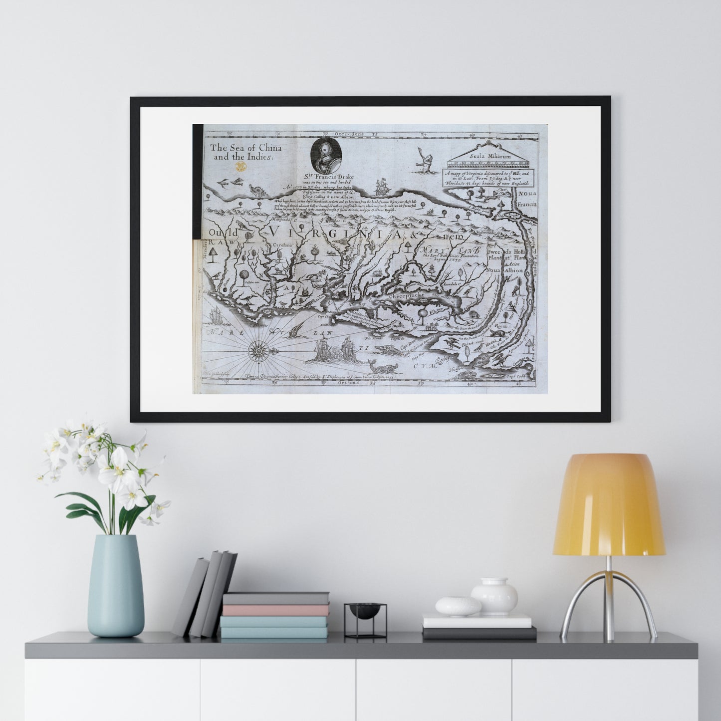 Antique Map of Virginia 'The Discovery of New Brittaine' (1651) from the Original Drake Manuscript, Framed Print
