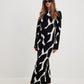 Vireous Black & White Organic Print Long Sleeve Women's Long Dress