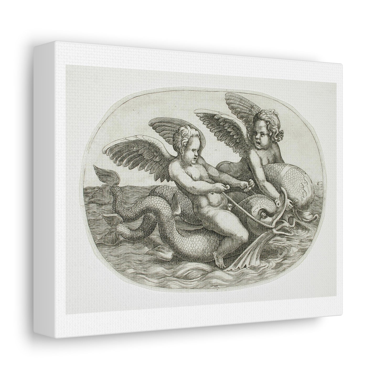 Two Cupids Riding a Dolphin by Adamo Scultori and Giulio Romano (circa 1540), Art Print from the Original on Canvas