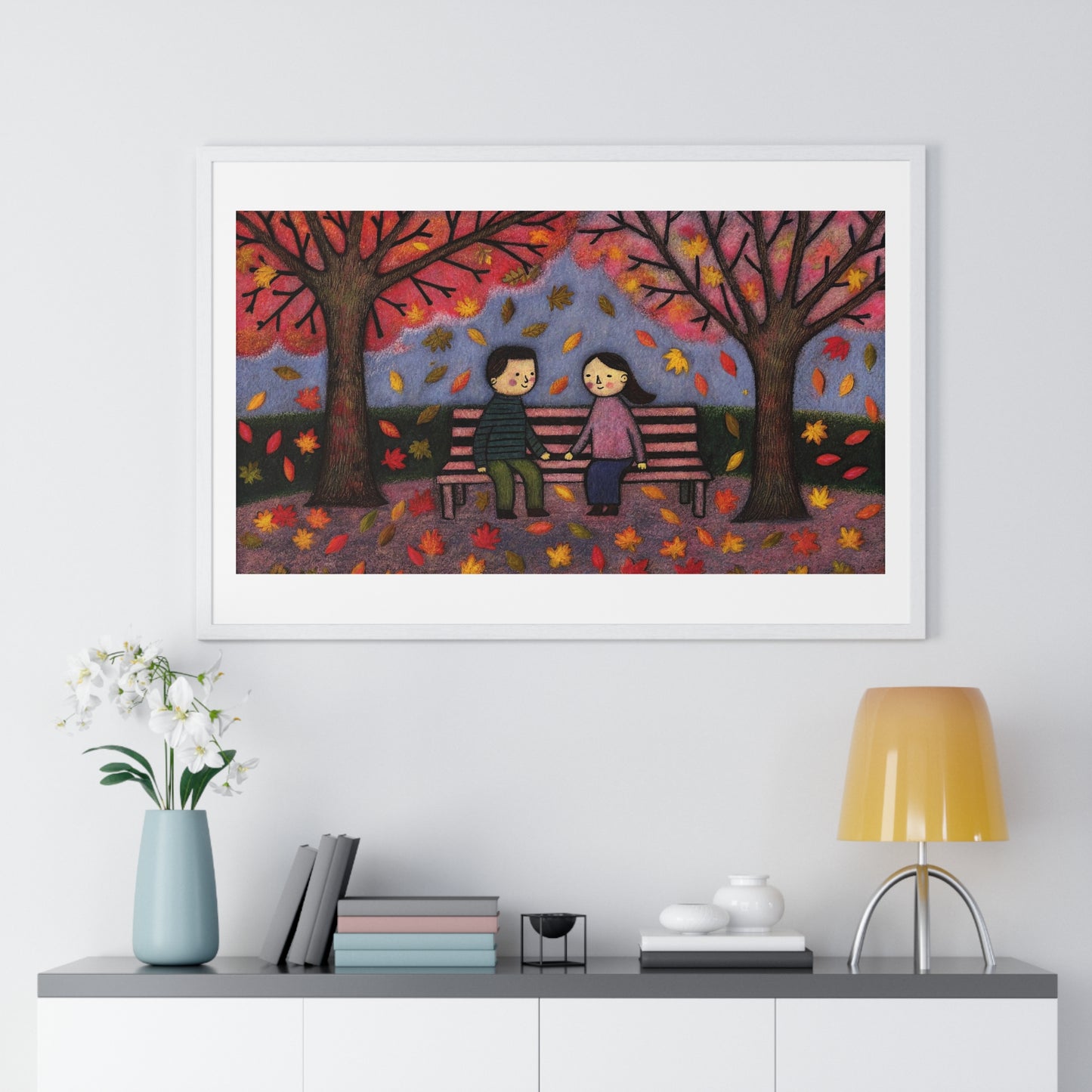 Couple on a Park Bench Fuzzy Felt Art II 'Designed by AI' Framed Print