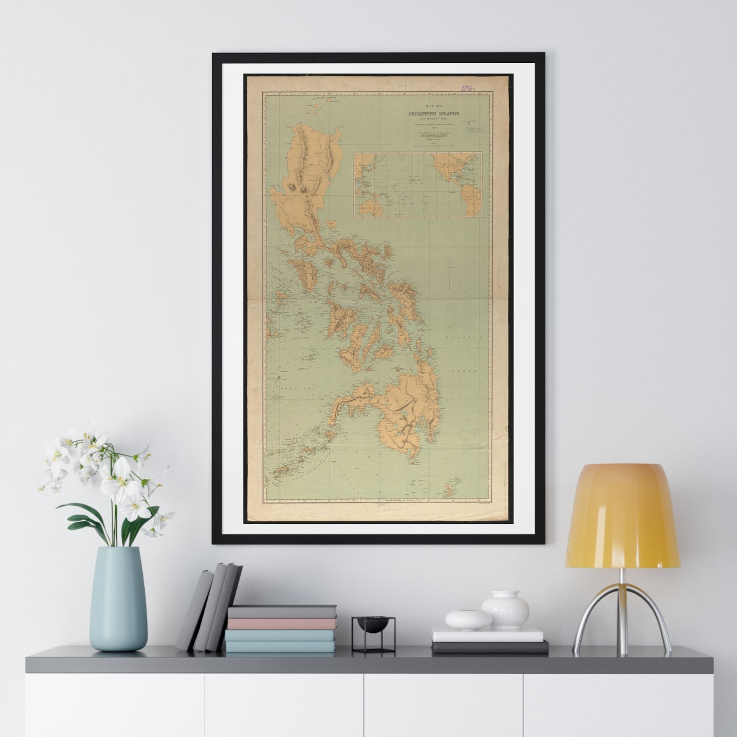 Vintage Map of Philippine Islands and Adjacent Seas from Material of the English and Batavian Governments (1898) from the Original, Framed Print