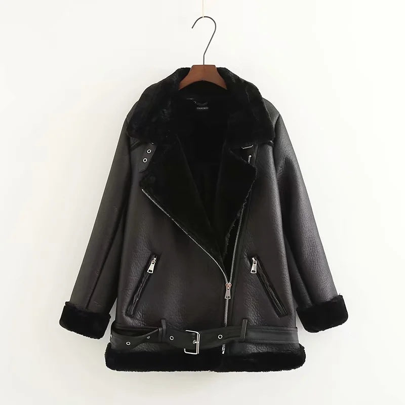 Women's Trendy Leather Jacket With Cross-Body Zipper