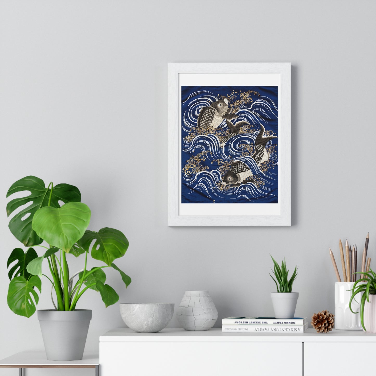 Gift Cover 'Fukusa' with Carp in Waves (Meij Period) from the Original, Framed Art Print