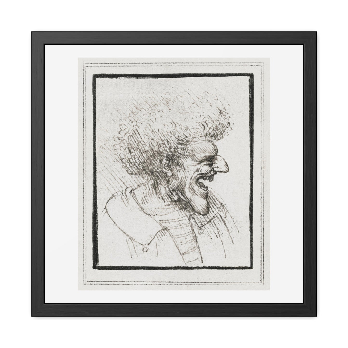 Caricature of a Man with Bushy Hair (circa 1495) by Leonardo da Vinci from the Original, Wooden Framed Print