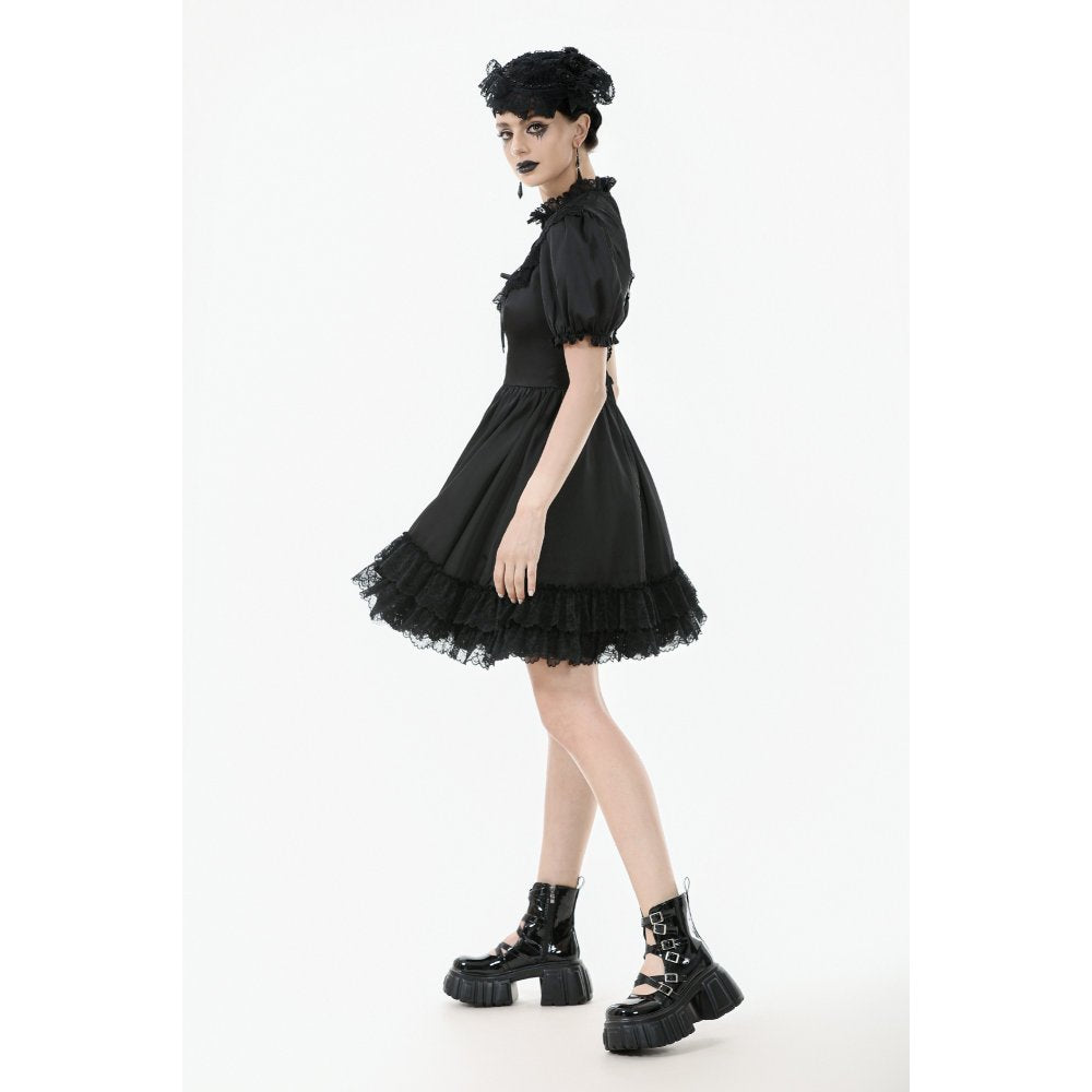 Dark in Love Belladonna Lace-Up High Collar Puff Sleeve Goth Dress, Plus Sizes