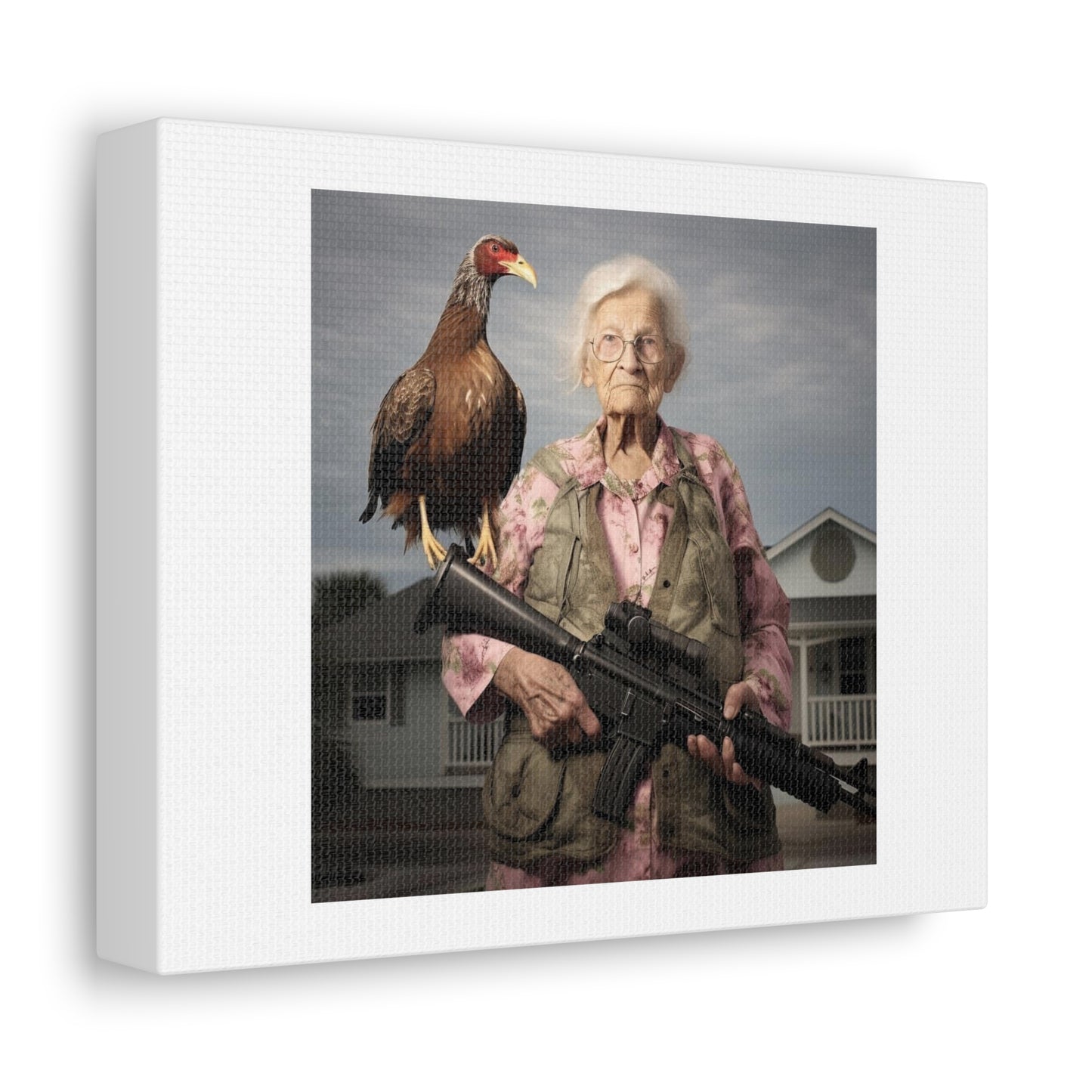 Old Woman and Buzzard in the Style of Grant Wood's American Gothic 'Designed by AI' Art Print on Canvas