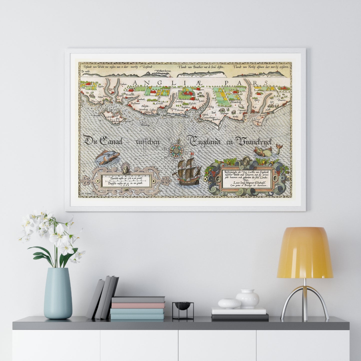 Antique Map of Hampshire and the Isle of Wight 'Kaart van de Zuidengelse Kust Tussen de Isle of Wight en Dover' by Joannes van Doetecum, from the Original, Framed Art Print