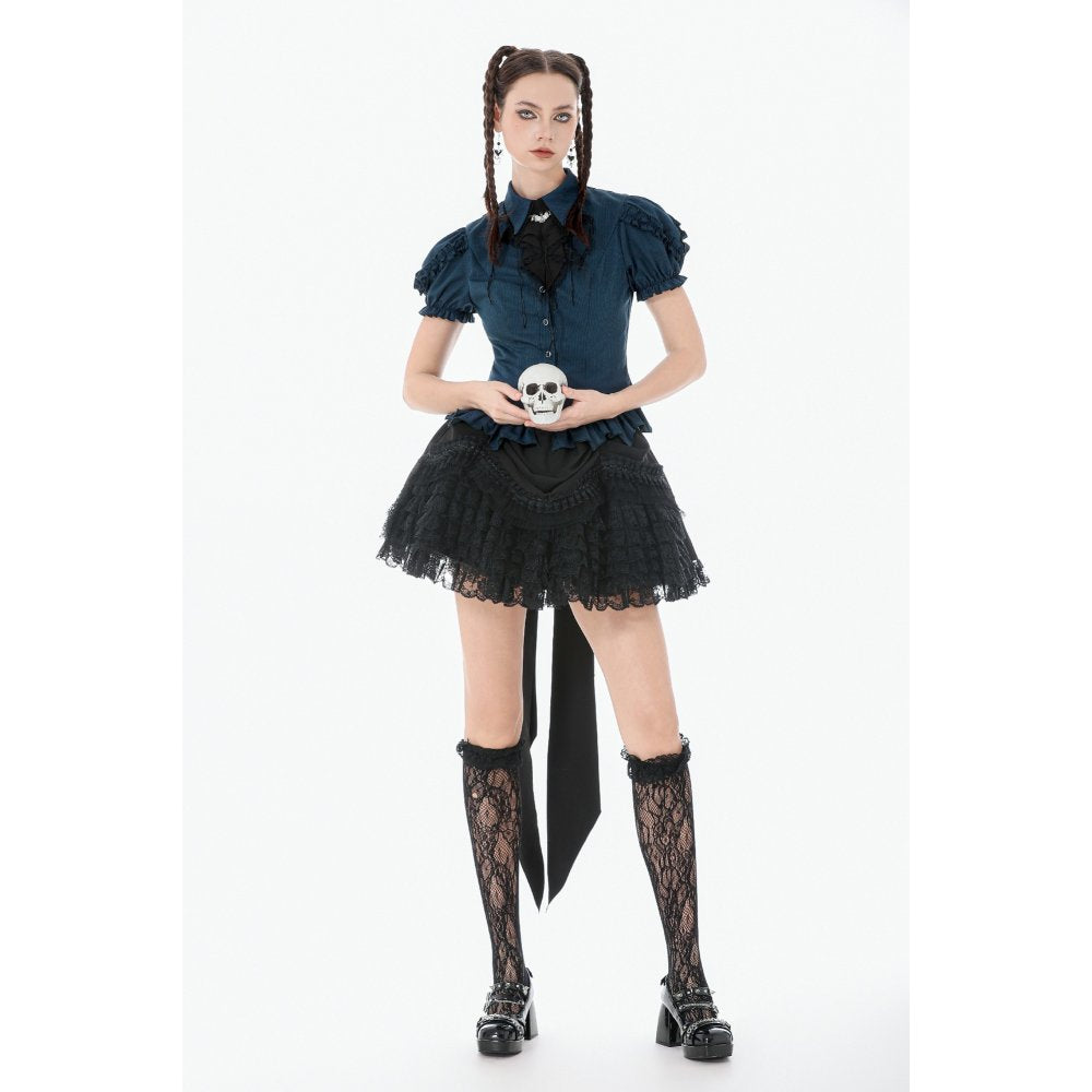 Dark in Love Gothic Academy-Striped Puff-Sleeve Blouse