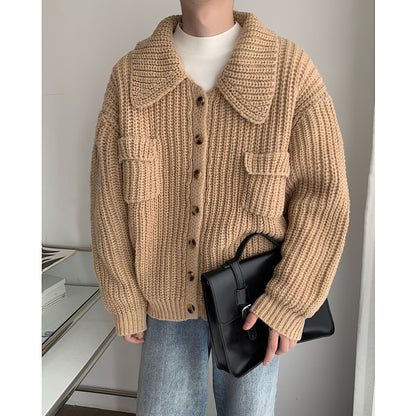 Vireous Retro 1970s Lapel Single-Breasted Men's Cardigan Sweater Coat