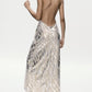 Vireous Shimmering Foil-Printed Sheer Embellished Evening Dress