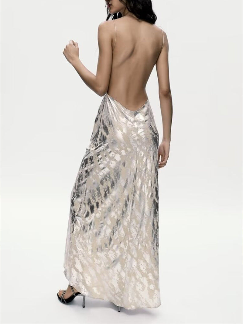 Vireous Shimmering Foil-Printed Sheer Embellished Evening Dress