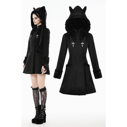 Dark in Love Cat-Ear Faux Fur-Trim Gothic Hooded Coat