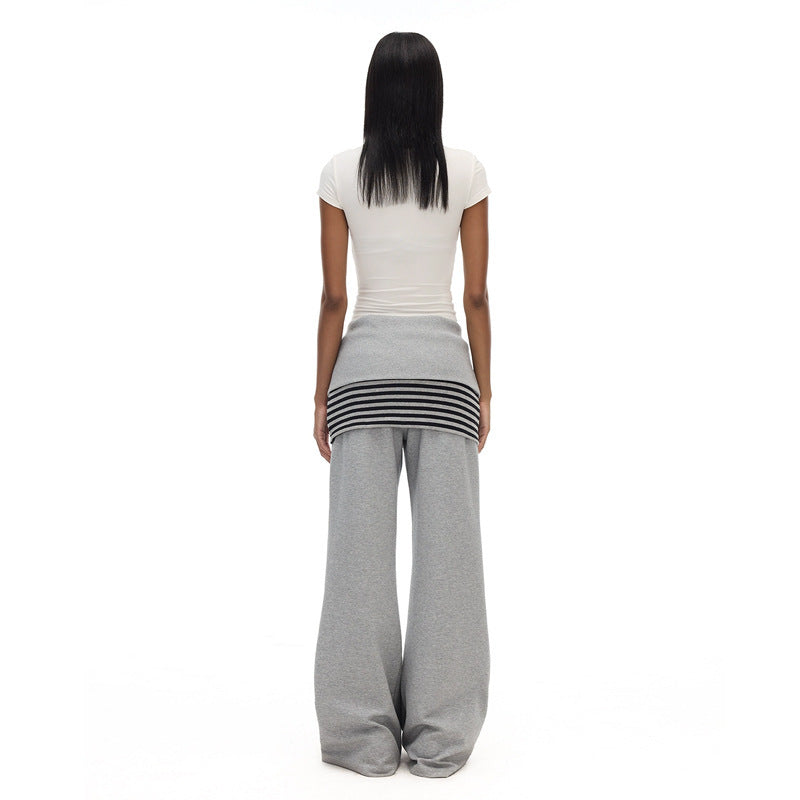 Women's Adjustable Waist, Grey Wide-Leg Striped Skirt Profile Long Casual Pants