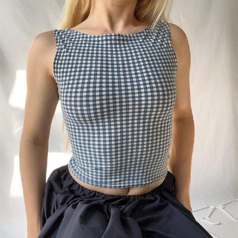 Houndstooth Bow Strap Elegant Slim Vest Top