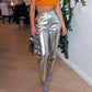 Women's Silver Shimmering PU Leather Bell-Bottom Trousers