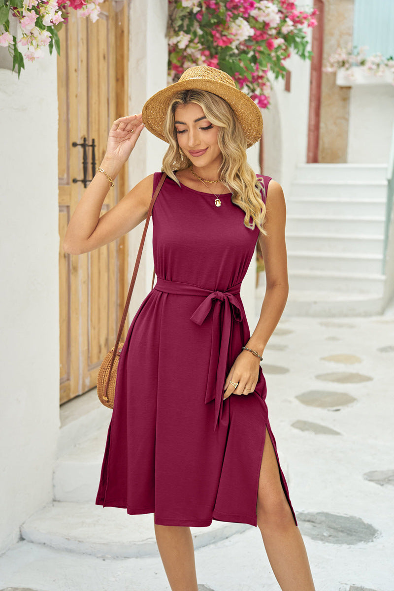 Vireous Summer Sleeveless Dress With Pockets Waist Tie Up, Slit Dress