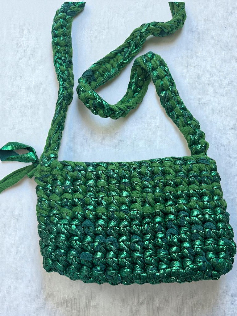 Metallic Green Handmade Crochet Festival Bag, Long Crossbody Strap