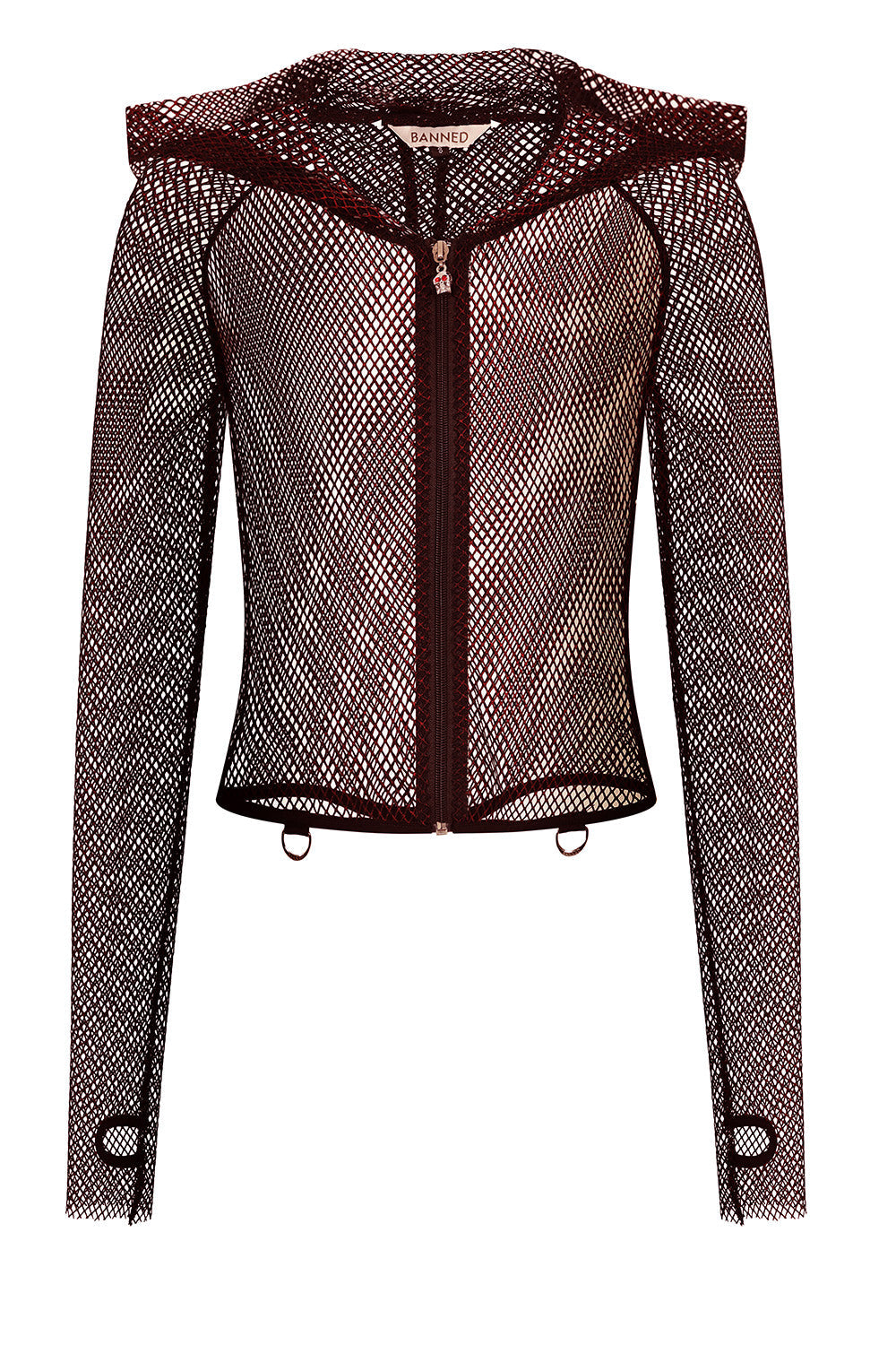 Banned Apparel Liora Red Metallic Fishnet Hoodie, Skull Zip Gothic Outerwear
