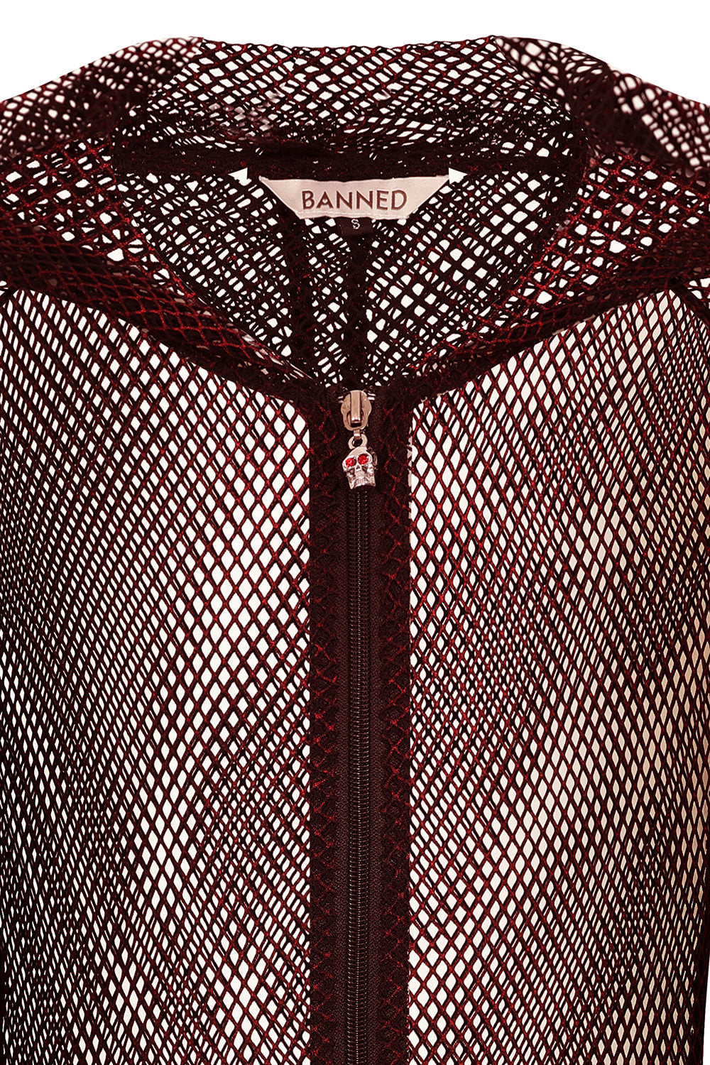 Banned Apparel Liora Red Metallic Fishnet Hoodie, Skull Zip Gothic Outerwear