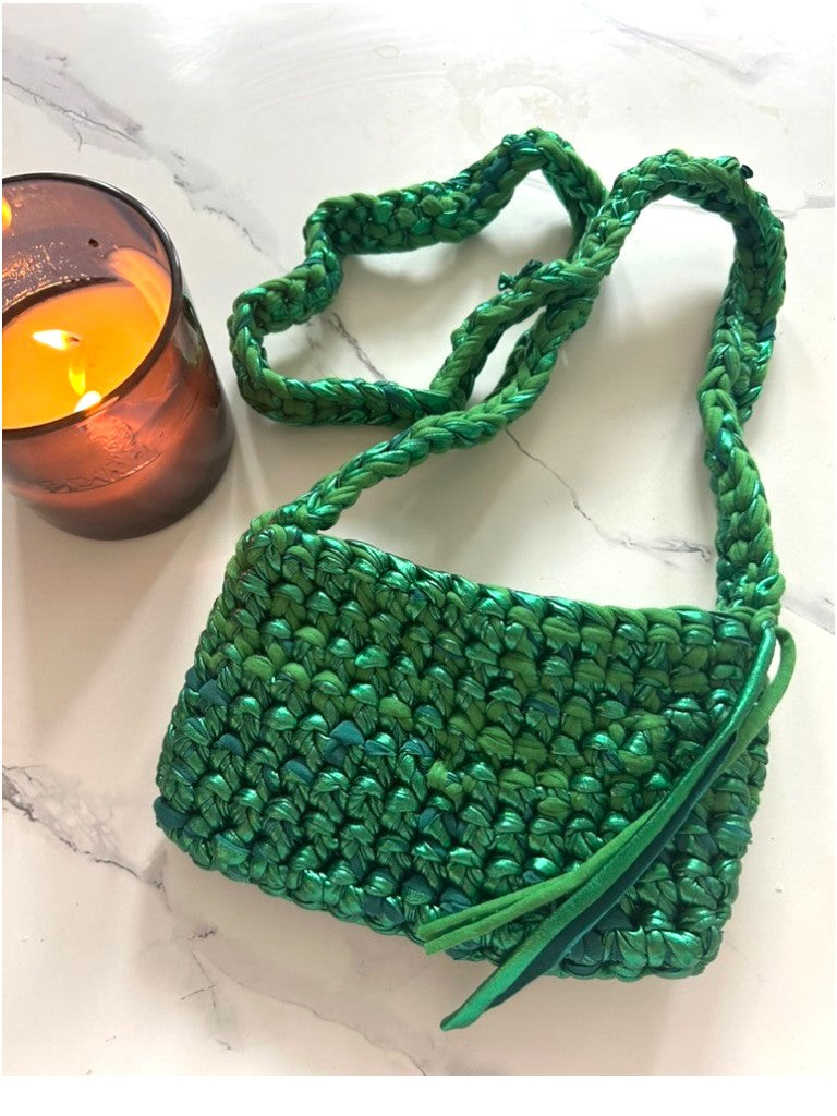 Metallic Green Handmade Crochet Festival Bag, Long Crossbody Strap