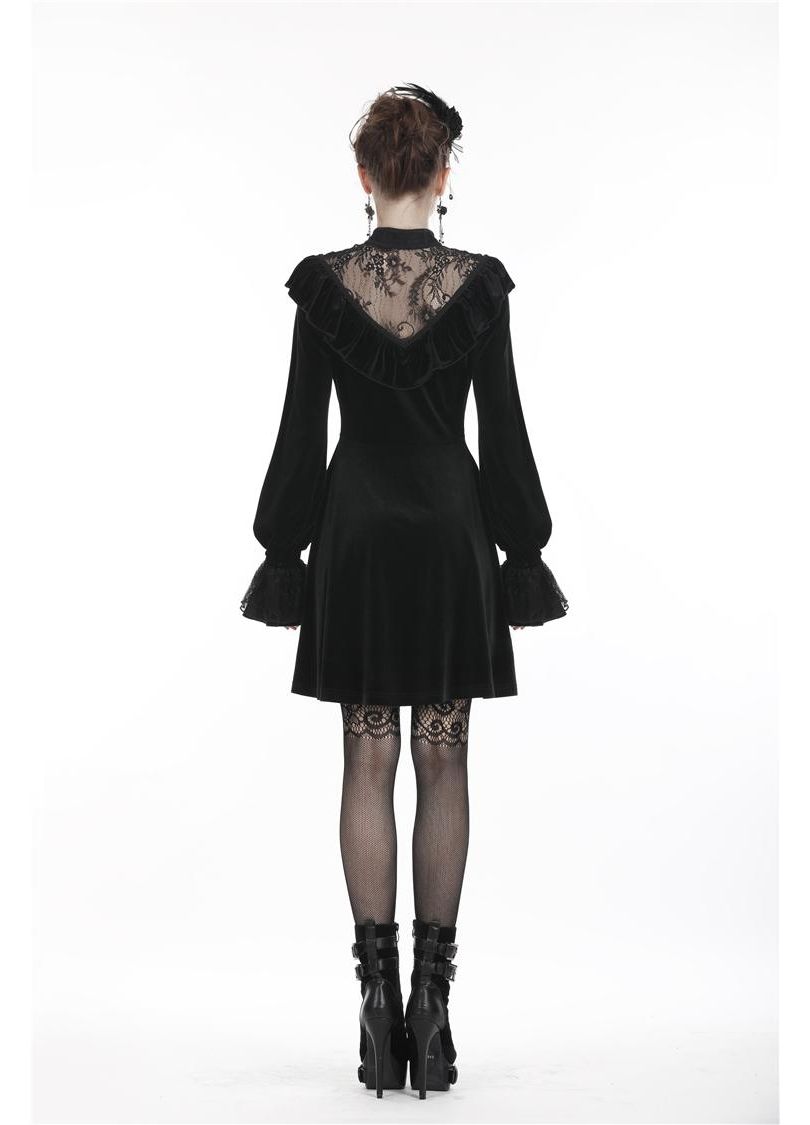 Dark In Love Avina Black Velvet Dress, Lace Neckline Long-Sleeve Dress