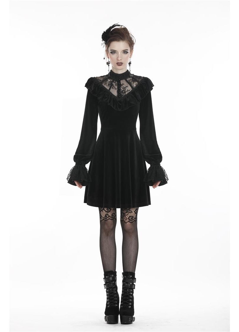 Dark In Love Avina Black Velvet Dress, Lace Neckline Long-Sleeve Dress