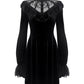 Dark In Love Avina Black Velvet Dress, Lace Neckline Long-Sleeve Dress