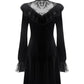 Dark In Love Avina Black Velvet Dress, Lace Neckline Long-Sleeve Dress