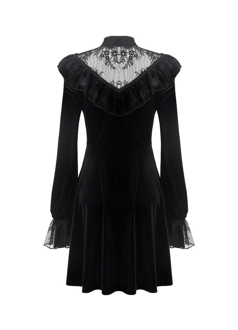 Dark In Love Avina Black Velvet Dress, Lace Neckline Long-Sleeve Dress