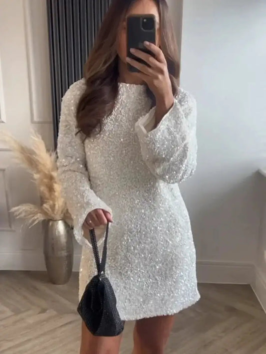 Vireous Long Sleeve Sparkling White Mini Dress