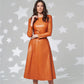 Vireous Faux Leather Long-Sleeve Elegant Dress, Round Neck, Belted