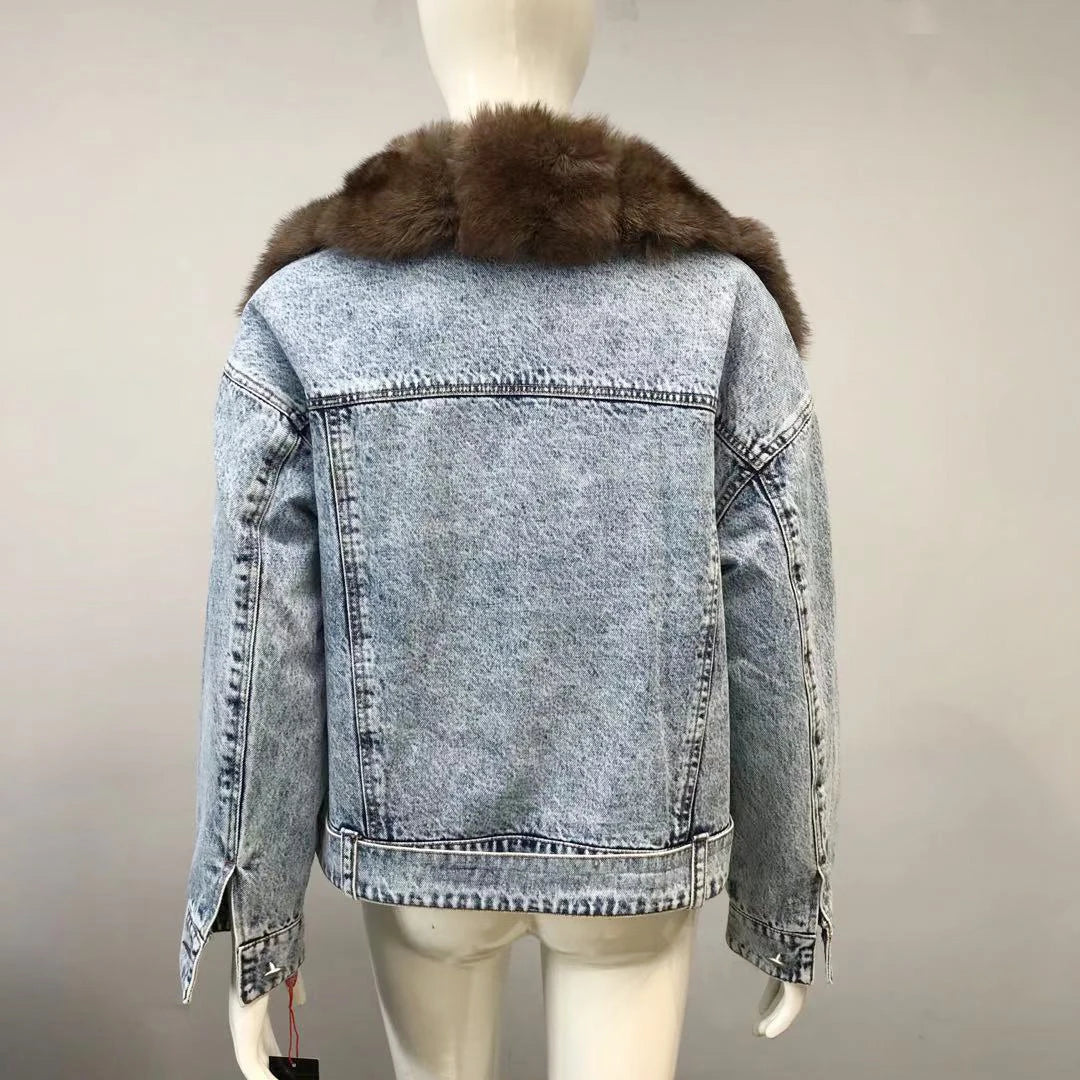 Women's Real Fox Fur Luxury Denim Short Coat