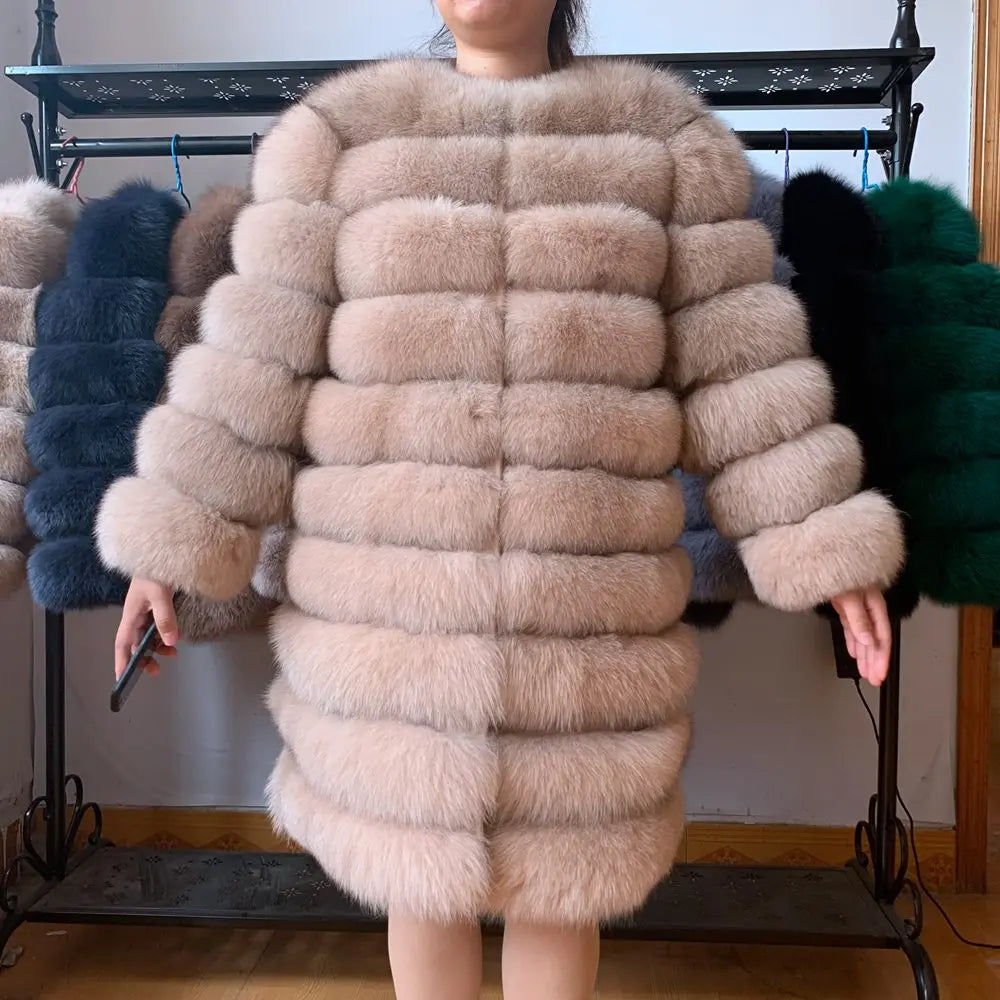 Avant Garde Ribbed Round-Neck Luxury Real Fox Fur Coat
